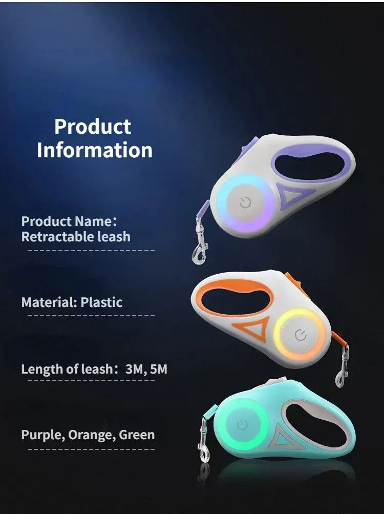 LED Retractable Dog Leash with Flashlight & RGB Ring – 3m & 5m | Wahooly LED Retractable Dog Leash with Flashlight & RGB Light Ring – 3m & 5m