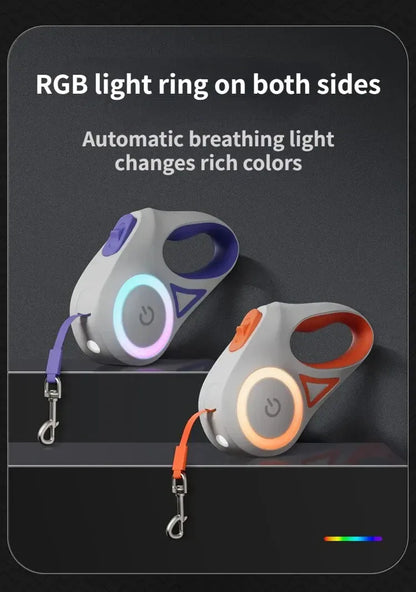 LED Retractable Dog Leash with Flashlight & RGB Ring – 3m & 5m | Wahooly LED Retractable Dog Leash with Flashlight & RGB Light Ring – 3m & 5m
