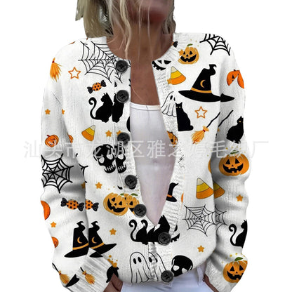 Ll-Yk1 Halloween Cardigan Round Neck Long-Sleeved 3D Printed Sweater European and American Cross-Border Casual Women's Clothing Amazon Theme Ll-Yk1 Halloween Cardigan Round Neck Long-Sleeved 3D Printed Sweater European and American Cross-Border Casual Women's Clothing Amazon Theme