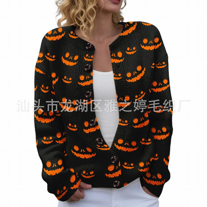 Ll-Yk1 Halloween Cardigan Round Neck Long-Sleeved 3D Printed Sweater European and American Cross-Border Casual Women's Clothing Amazon Theme Ll-Yk1 Halloween Cardigan Round Neck Long-Sleeved 3D Printed Sweater European and American Cross-Border Casual Women's Clothing Amazon Theme