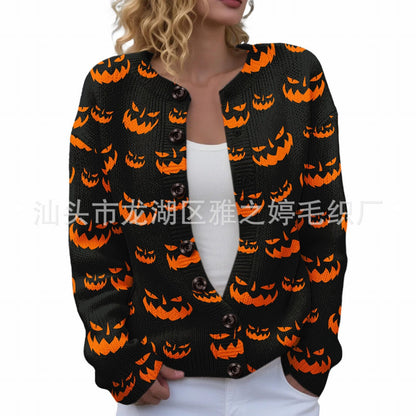Ll-Yk1 Halloween Cardigan Round Neck Long-Sleeved 3D Printed Sweater European and American Cross-Border Casual Women's Clothing Amazon Theme Ll-Yk1 Halloween Cardigan Round Neck Long-Sleeved 3D Printed Sweater European and American Cross-Border Casual Women's Clothing Amazon Theme