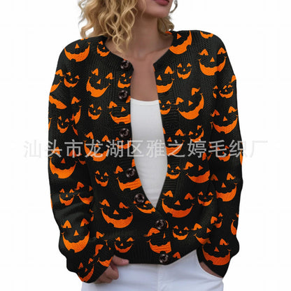 Ll-Yk1 Halloween Cardigan Round Neck Long-Sleeved 3D Printed Sweater European and American Cross-Border Casual Women's Clothing Amazon Theme Ll-Yk1 Halloween Cardigan Round Neck Long-Sleeved 3D Printed Sweater European and American Cross-Border Casual Women's Clothing Amazon Theme