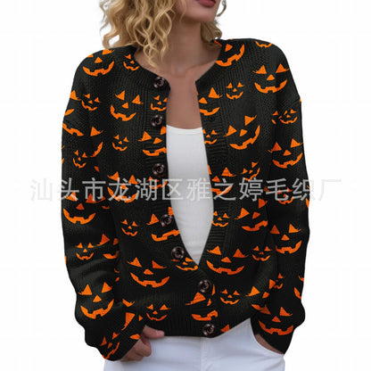 Ll-Yk1 Halloween Cardigan Round Neck Long-Sleeved 3D Printed Sweater European and American Cross-Border Casual Women's Clothing Amazon Theme Ll-Yk1 Halloween Cardigan Round Neck Long-Sleeved 3D Printed Sweater European and American Cross-Border Casual Women's Clothing Amazon Theme