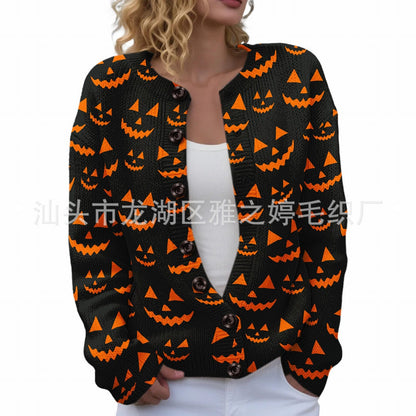Ll-Yk1 Halloween Cardigan Round Neck Long-Sleeved 3D Printed Sweater European and American Cross-Border Casual Women's Clothing Amazon Theme Ll-Yk1 Halloween Cardigan Round Neck Long-Sleeved 3D Printed Sweater European and American Cross-Border Casual Women's Clothing Amazon Theme