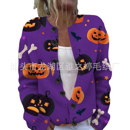 Ll-Yk1 Halloween Cardigan Round Neck Long-Sleeved 3D Printed Sweater European and American Cross-Border Casual Women's Clothing Amazon Theme Ll-Yk1 Halloween Cardigan Round Neck Long-Sleeved 3D Printed Sweater European and American Cross-Border Casual Women's Clothing Amazon Theme