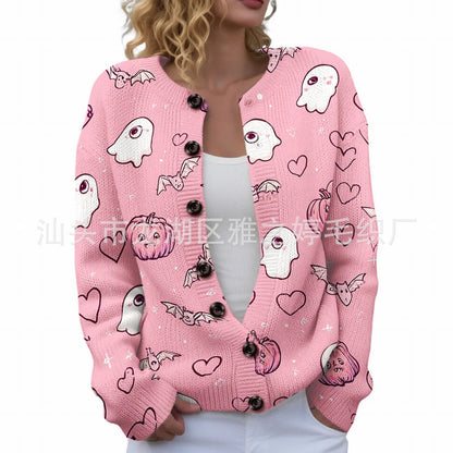 Ll-Yk1 Halloween Cardigan Round Neck Long-Sleeved 3D Printed Sweater European and American Cross-Border Casual Women's Clothing Amazon Theme Ll-Yk1 Halloween Cardigan Round Neck Long-Sleeved 3D Printed Sweater European and American Cross-Border Casual Women's Clothing Amazon Theme