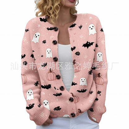 Ll-Yk1 Halloween Cardigan Round Neck Long-Sleeved 3D Printed Sweater European and American Cross-Border Casual Women's Clothing Amazon Theme Ll-Yk1 Halloween Cardigan Round Neck Long-Sleeved 3D Printed Sweater European and American Cross-Border Casual Women's Clothing Amazon Theme