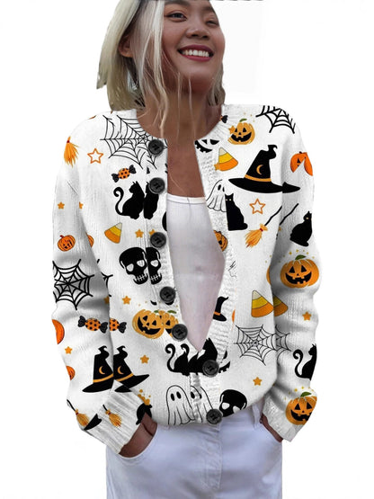 Ll-Yk1 Halloween Cardigan Round Neck Long-Sleeved 3D Printed Sweater European and American Cross-Border Casual Women's Clothing Amazon Theme Ll-Yk1 Halloween Cardigan Round Neck Long-Sleeved 3D Printed Sweater European and American Cross-Border Casual Women's Clothing Amazon Theme