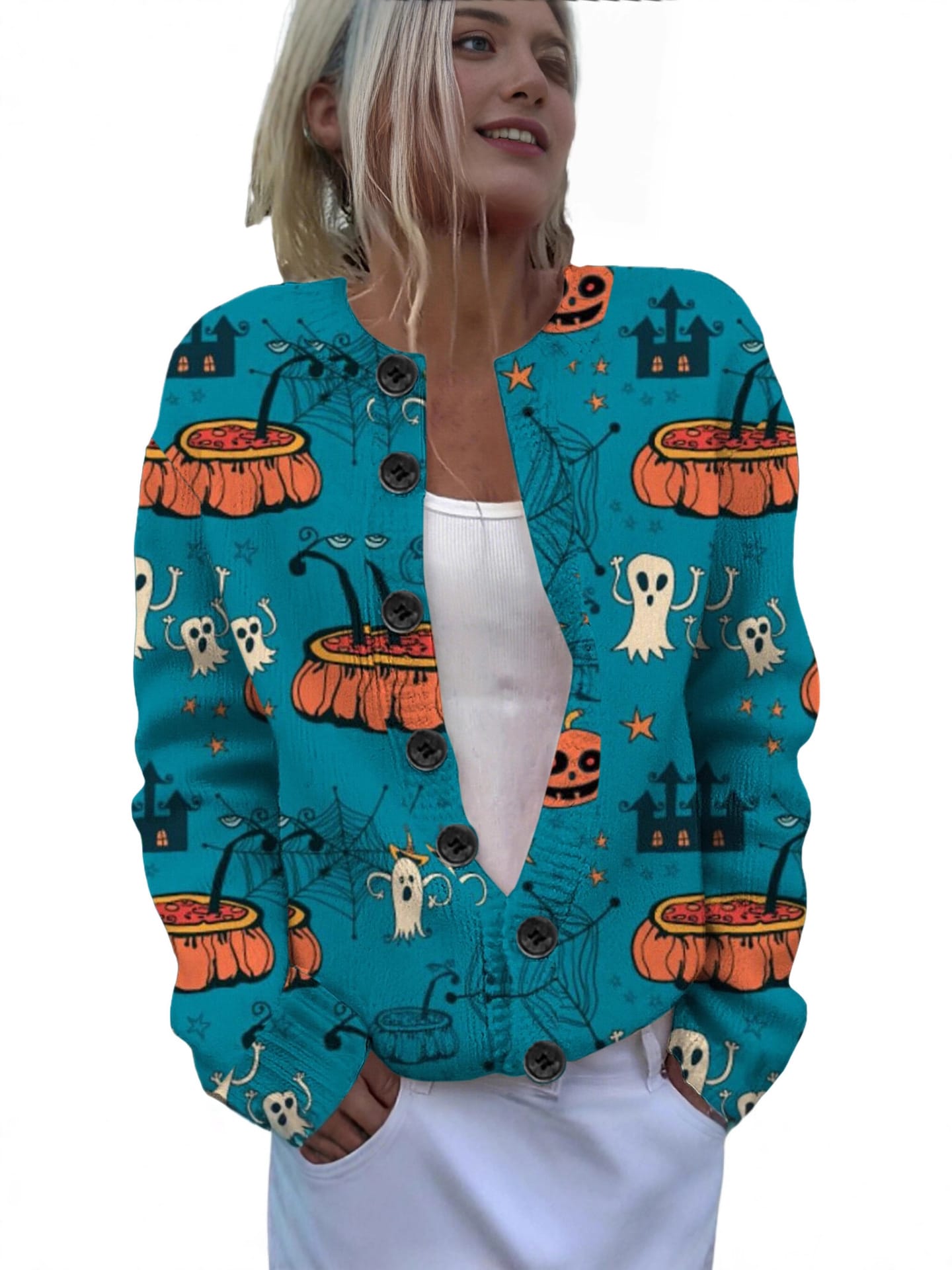 Ll-Yk1 Halloween Cardigan Round Neck Long-Sleeved 3D Printed Sweater European and American Cross-Border Casual Women's Clothing Amazon Theme Ll-Yk1 Halloween Cardigan Round Neck Long-Sleeved 3D Printed Sweater European and American Cross-Border Casual Women's Clothing Amazon Theme