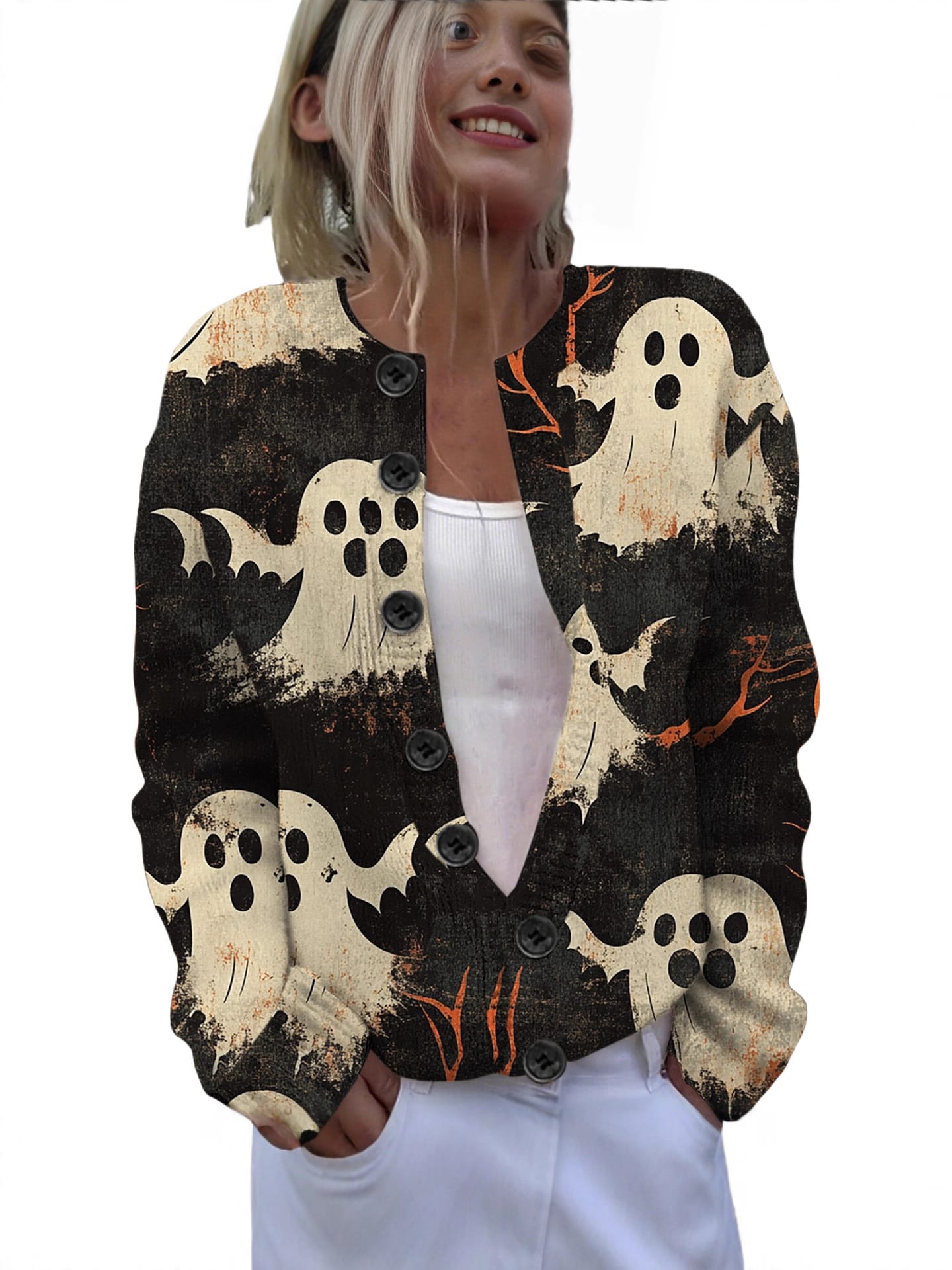 Ll-Yk1 Halloween Cardigan Round Neck Long-Sleeved 3D Printed Sweater European and American Cross-Border Casual Women's Clothing Amazon Theme Ll-Yk1 Halloween Cardigan Round Neck Long-Sleeved 3D Printed Sweater European and American Cross-Border Casual Women's Clothing Amazon Theme