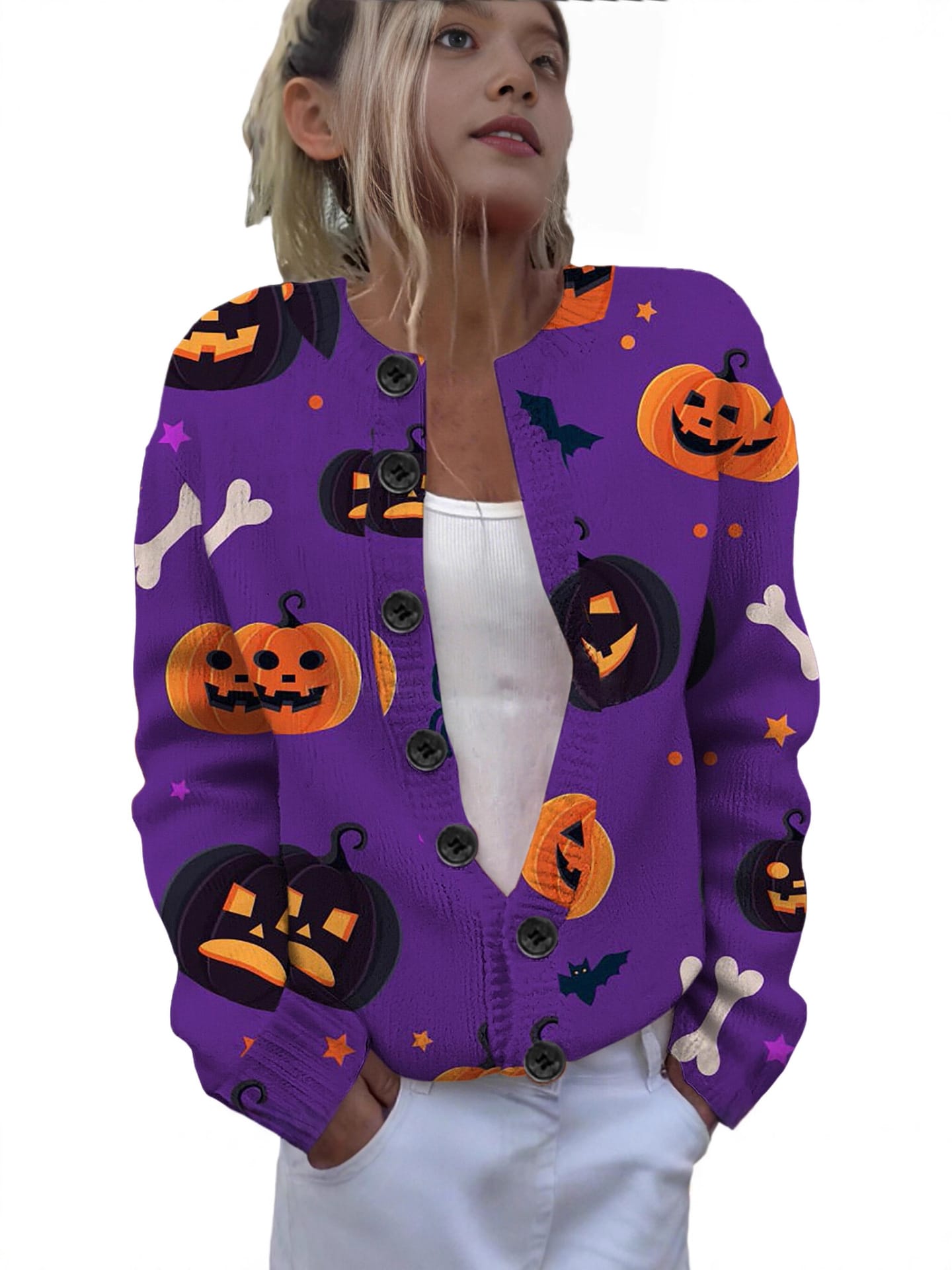 Ll-Yk1 Halloween Cardigan Round Neck Long-Sleeved 3D Printed Sweater European and American Cross-Border Casual Women's Clothing Amazon Theme Ll-Yk1 Halloween Cardigan Round Neck Long-Sleeved 3D Printed Sweater European and American Cross-Border Casual Women's Clothing Amazon Theme