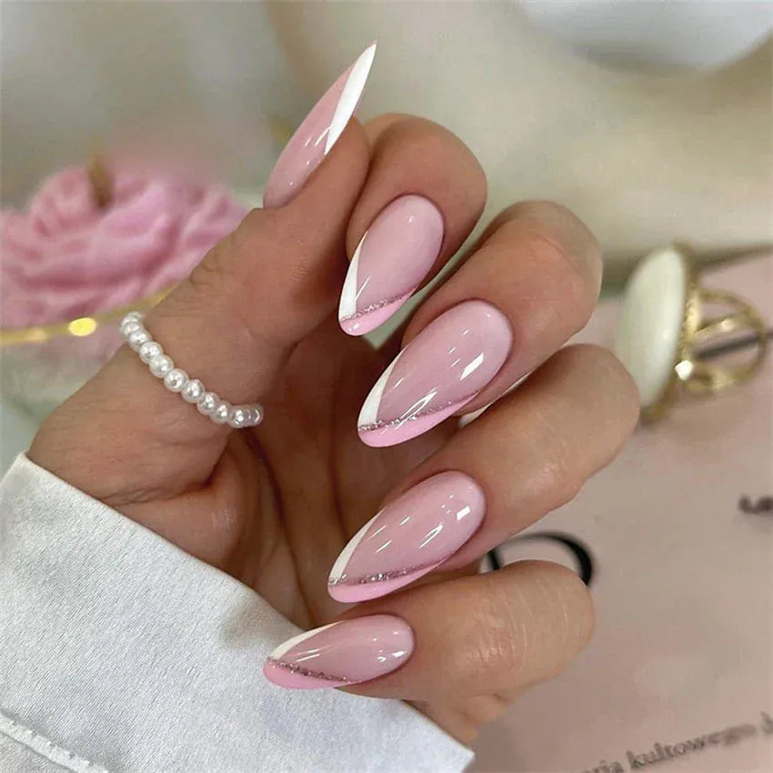 Medium Almond Press-On Nails - Cool Trendy French Style | Wahooly Medium-length Acrylic Almond Fake Nails Art Cool Hottie Girl Wear False Nails Europe and USA Press on Nail Removable French Nail