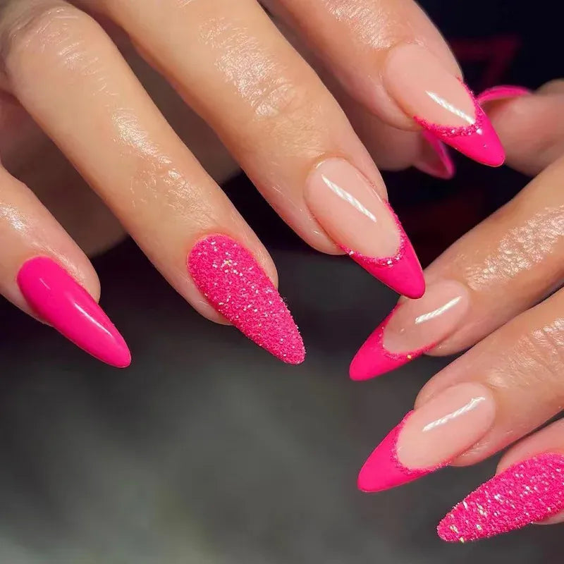 Medium Almond Press-On Nails - Cool Trendy French Style | Wahooly Medium-length Acrylic Almond Fake Nails Art Cool Hottie Girl Wear False Nails Europe and USA Press on Nail Removable French Nail