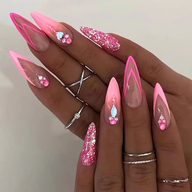 Medium Almond Press-On Nails - Cool Trendy French Style | Wahooly Medium-length Acrylic Almond Fake Nails Art Cool Hottie Girl Wear False Nails Europe and USA Press on Nail Removable French Nail