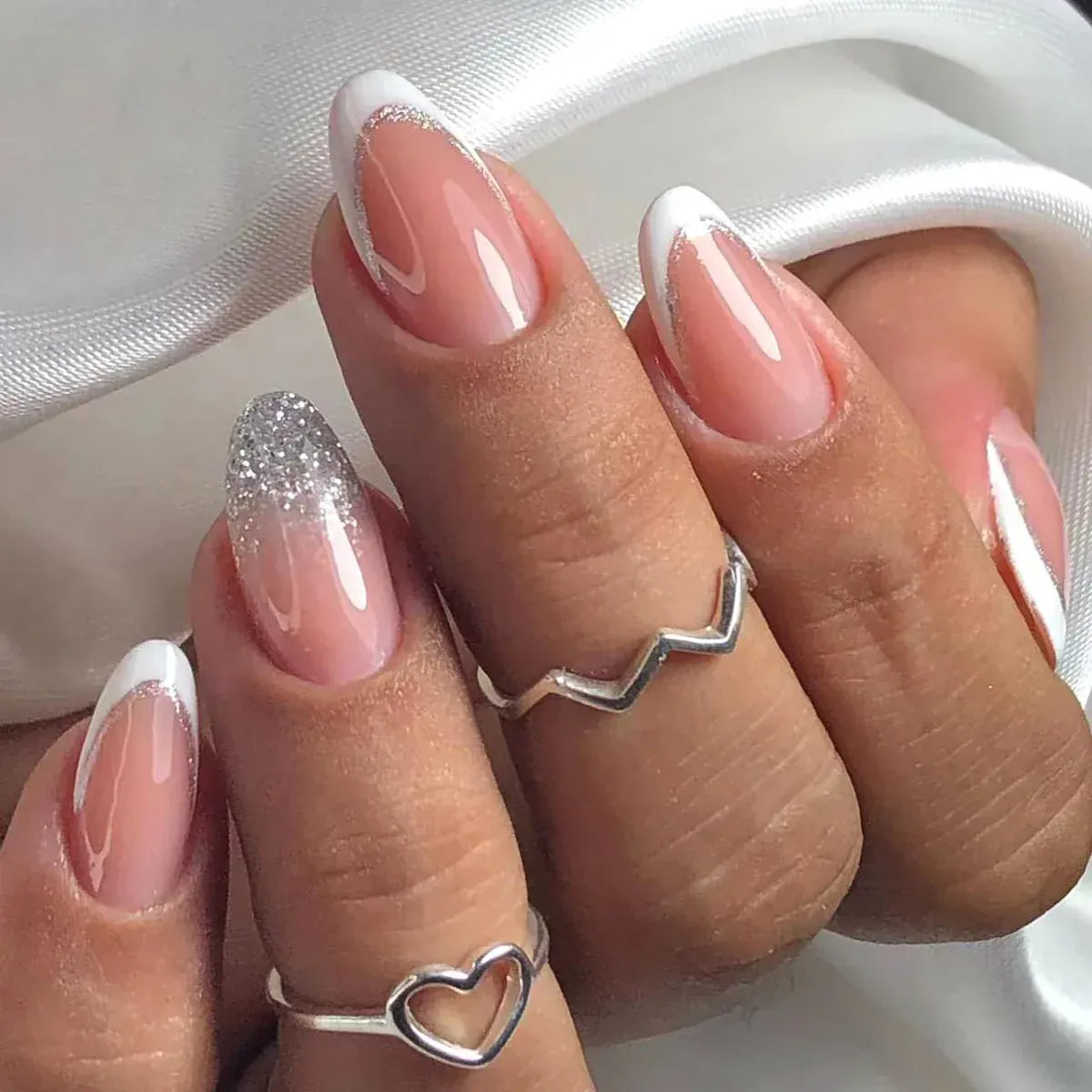 Medium Almond Press-On Nails - Cool Trendy French Style | Wahooly Medium-length Acrylic Almond Fake Nails Art Cool Hottie Girl Wear False Nails Europe and USA Press on Nail Removable French Nail