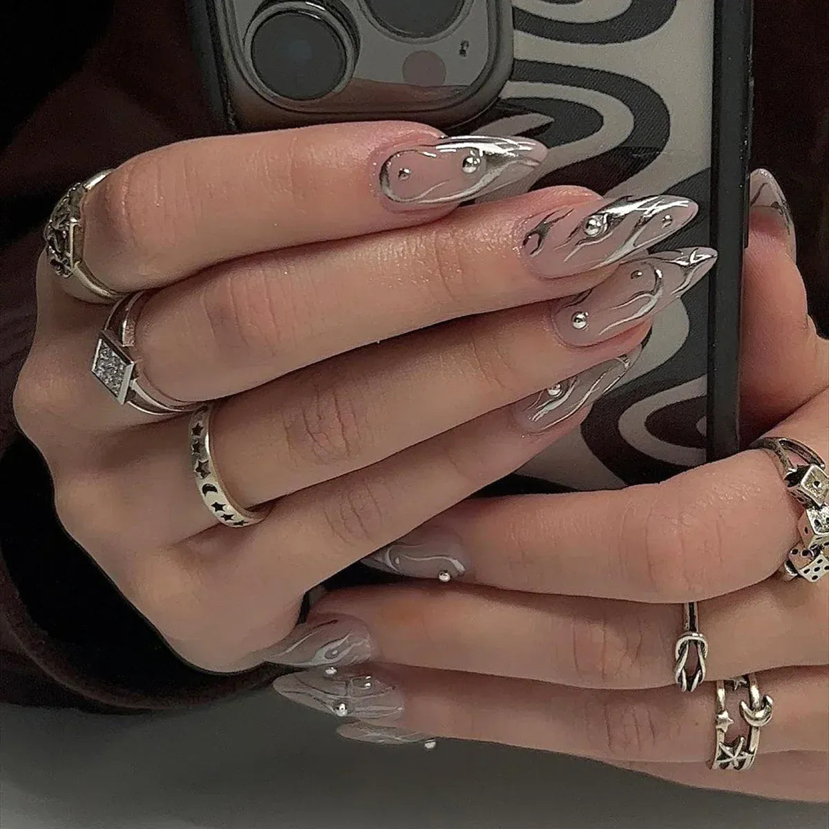 Medium Almond Press-On Nails - Cool Trendy French Style | Wahooly Medium-length Acrylic Almond Fake Nails Art Cool Hottie Girl Wear False Nails Europe and USA Press on Nail Removable French Nail