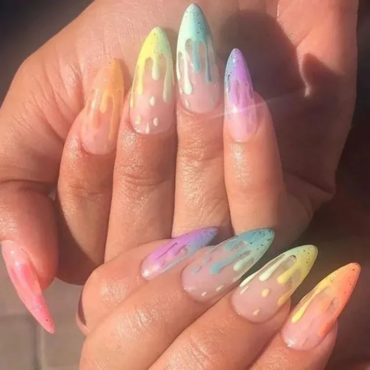 Medium Almond Press-On Nails - Cool Trendy French Style | Wahooly Medium-length Acrylic Almond Fake Nails Art Cool Hottie Girl Wear False Nails Europe and USA Press on Nail Removable French Nail