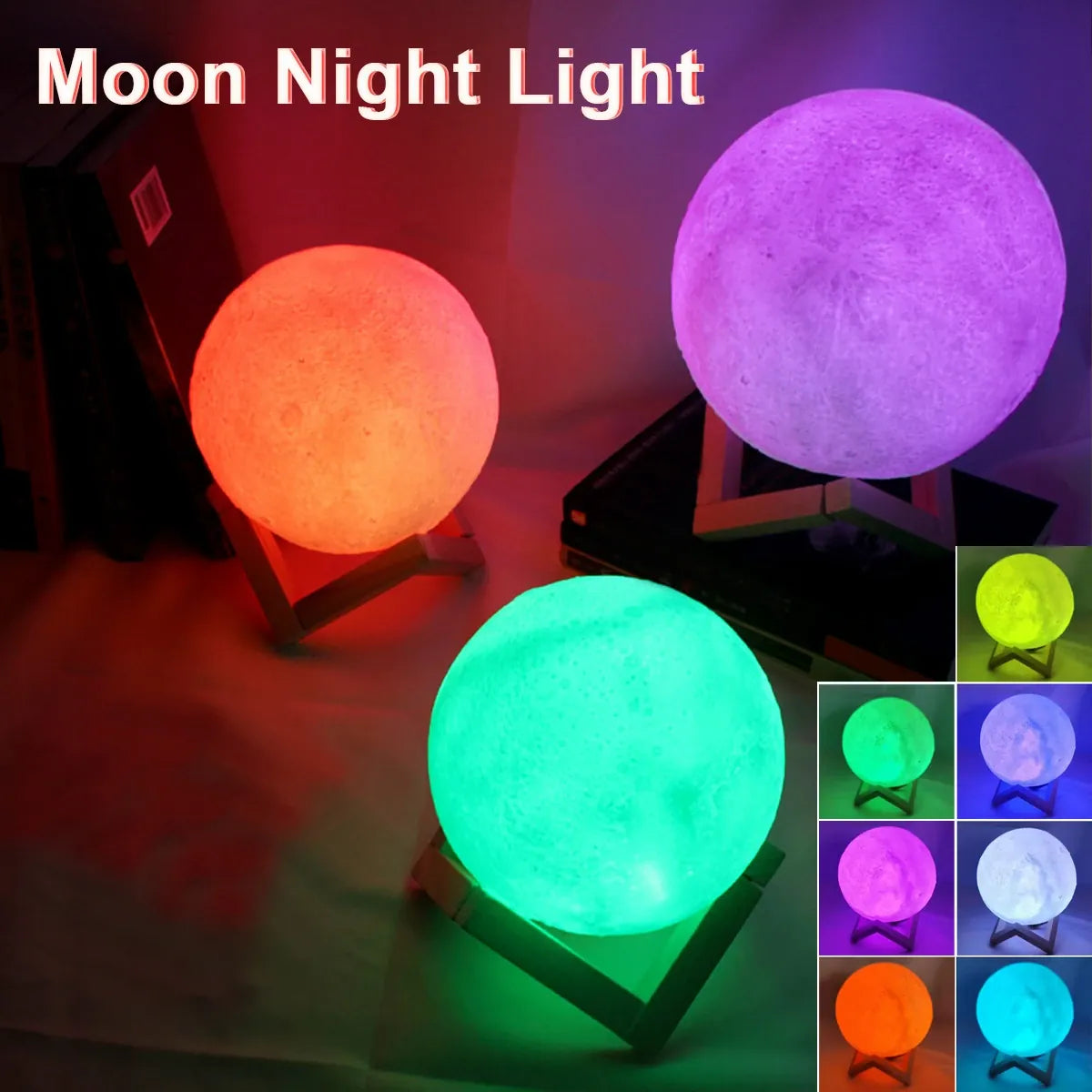 Moon Lamp LED Night Light with Stand | Battery Powered | Warm, White & 7-Color RGB | Bedroom Decor & Kids Gift Moon Lamp LED Night Light with Stand — Battery Powered Starry Bedroom Decor | White, Warm & 7-Color RGB | Kids Gift
