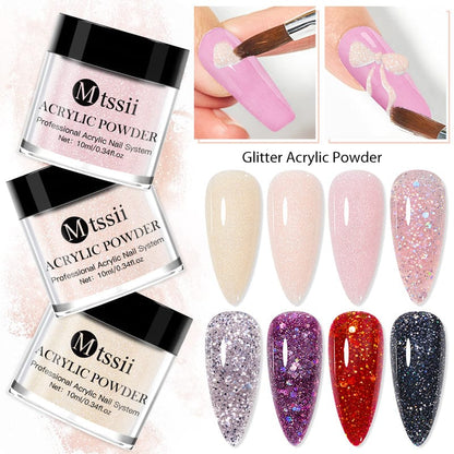 Acrylic Nail Powder 10ml - Professional Crystal Glitter | Wahooly Mtssii Nail Acrylic Powder and Liquid Monomer Nails Art Decoration For Manicure Crystal Nail Glitter 3D Nail Tips Carving Tools