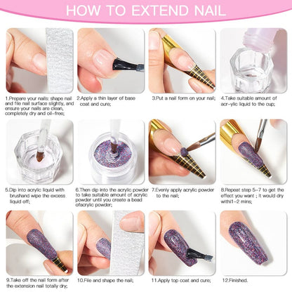 Acrylic Nail Powder 10ml - Professional Crystal Glitter | Wahooly Mtssii Nail Acrylic Powder and Liquid Monomer Nails Art Decoration For Manicure Crystal Nail Glitter 3D Nail Tips Carving Tools