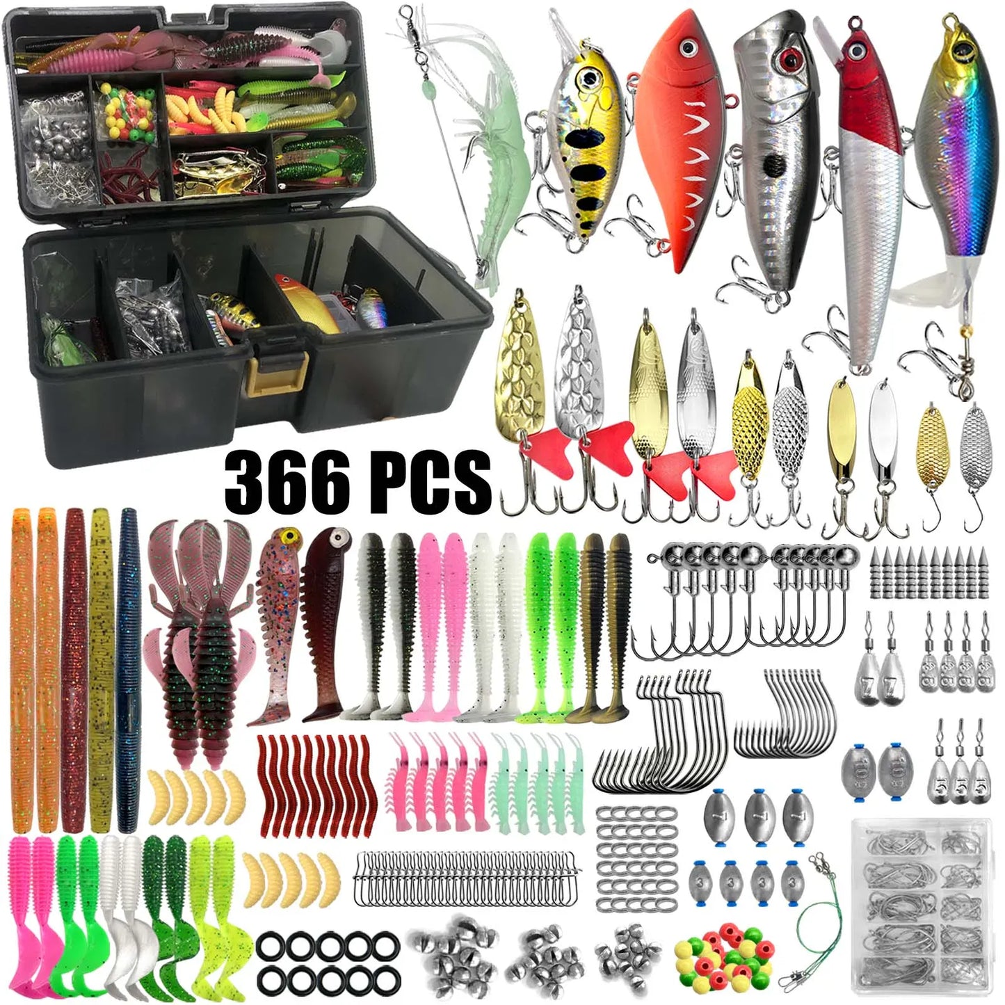 Multi-Lure Fishing Kit Tackle Box Bass Trout Pike 86–366pcs – Wahooly Multi-Lure Fishing Kit with Tackle Box – 86 to 366 Pieces for Bass, Trout & Pike