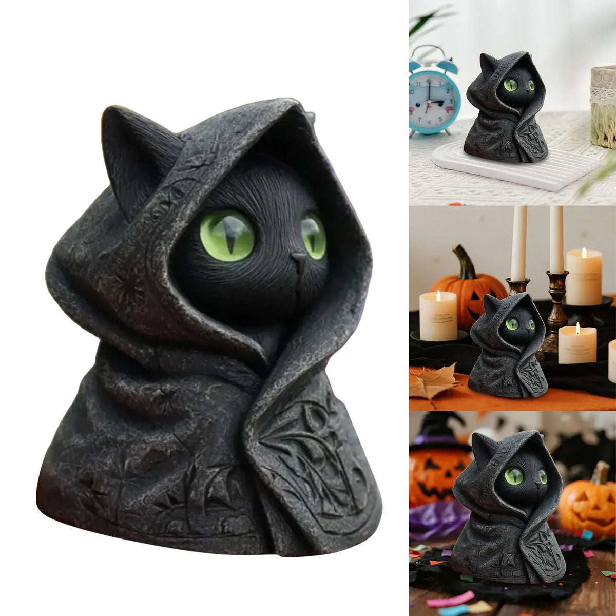 Mystical Hooded Cat Statue Figurine With Hooded Cloak Mystical Green Eyed Cat Statue For Home Decor Halloween Decor Gift Mystical Hooded Cat Statue Figurine With Hooded Cloak Mystical Green Eyed Cat Statue For Home Decor Halloween Decor Gift