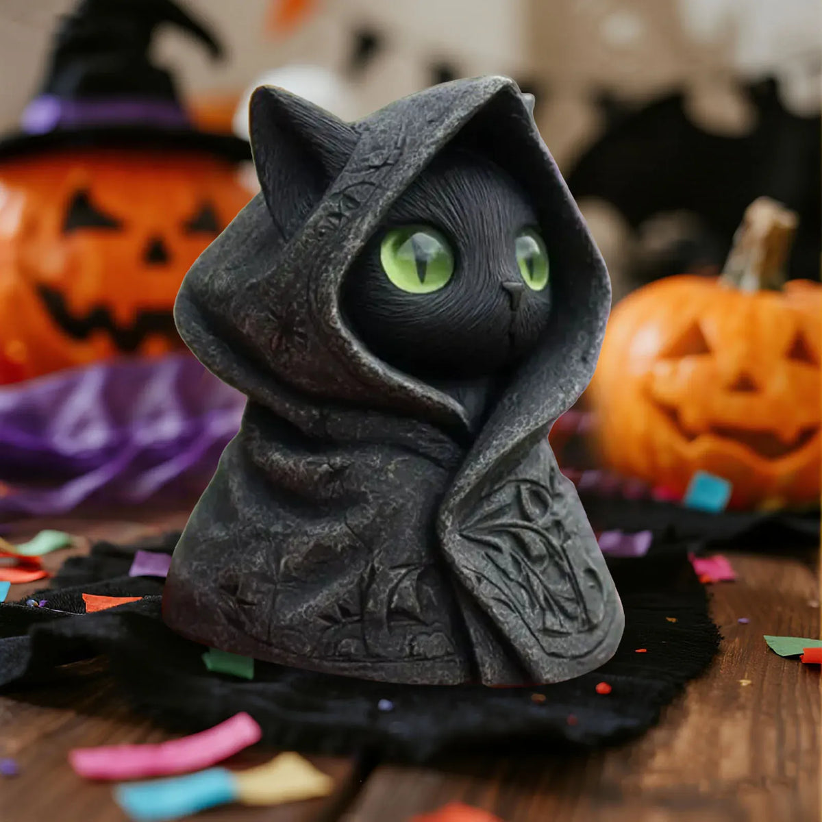 Mystical Hooded Cat Statue Figurine With Hooded Cloak Mystical Green Eyed Cat Statue For Home Decor Halloween Decor Gift Mystical Hooded Cat Statue Figurine With Hooded Cloak Mystical Green Eyed Cat Statue For Home Decor Halloween Decor Gift