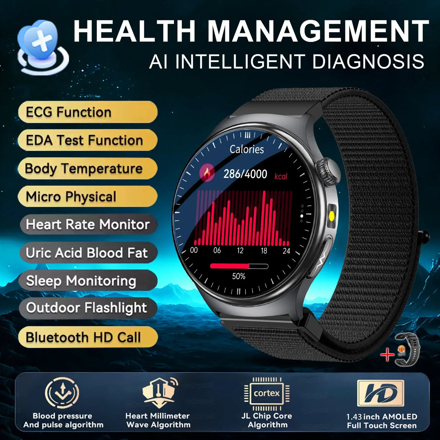 Nursing Grade Health Smart Watch – ECG, Body Fat, BP & Blood Oxygen | Wahooly Nursing Grade Health Smart Watch – ECG, Body Fat, Blood Oxygen & BP Monitor | HD AMOLED