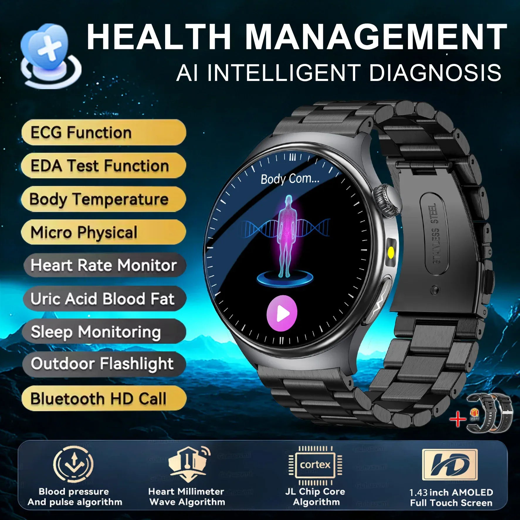 Nursing Grade Health Smart Watch – ECG, Body Fat, BP & Blood Oxygen | Wahooly Nursing Grade Health Smart Watch – ECG, Body Fat, Blood Oxygen & BP Monitor | HD AMOLED