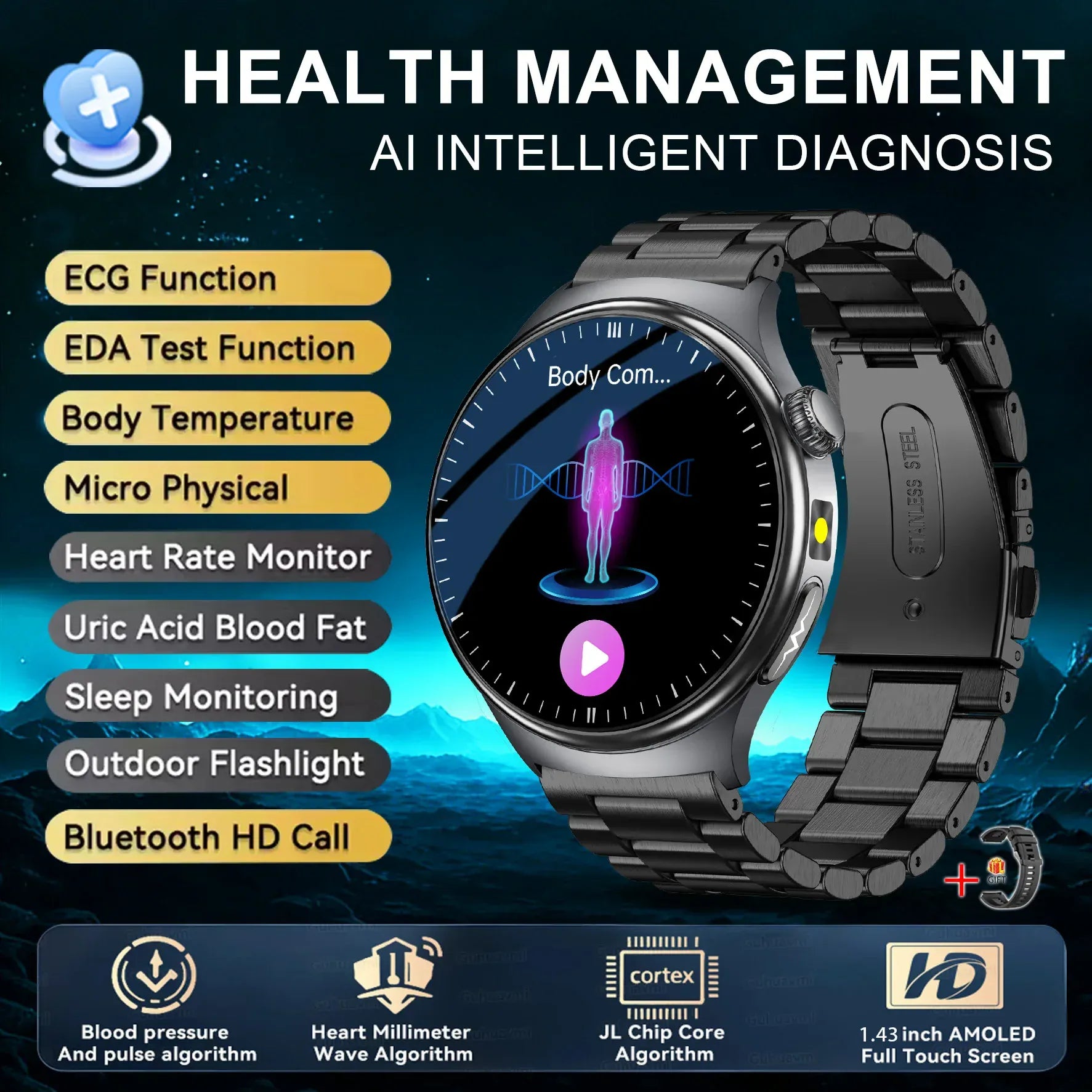 Nursing Grade Health Smart Watch – ECG, Body Fat, BP & Blood Oxygen | Wahooly Nursing Grade Health Smart Watch – ECG, Body Fat, Blood Oxygen & BP Monitor | HD AMOLED