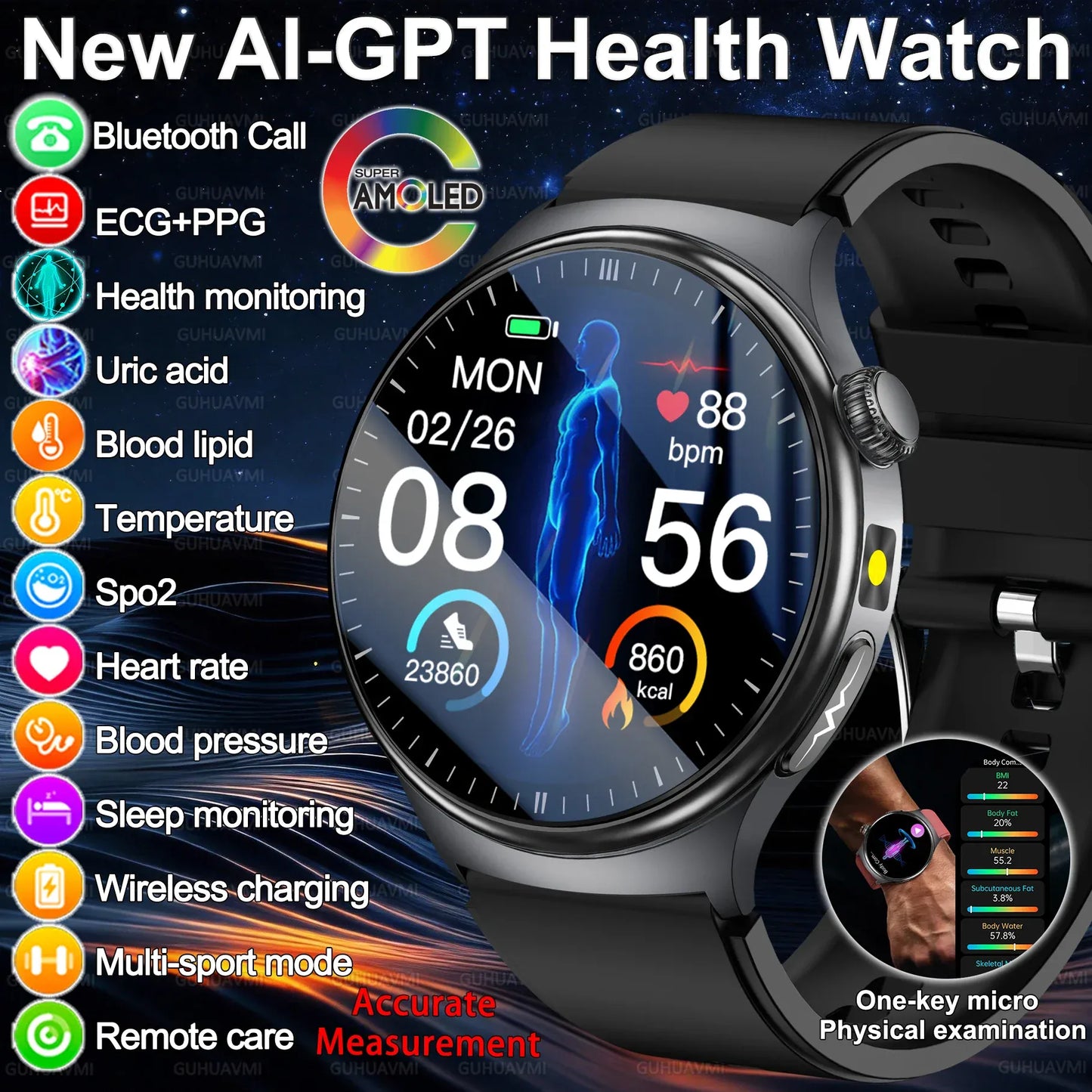 Nursing Grade Health Smart Watch – ECG, Body Fat, BP & Blood Oxygen | Wahooly Nursing Grade Health Smart Watch – ECG, Body Fat, Blood Oxygen & BP Monitor | HD AMOLED