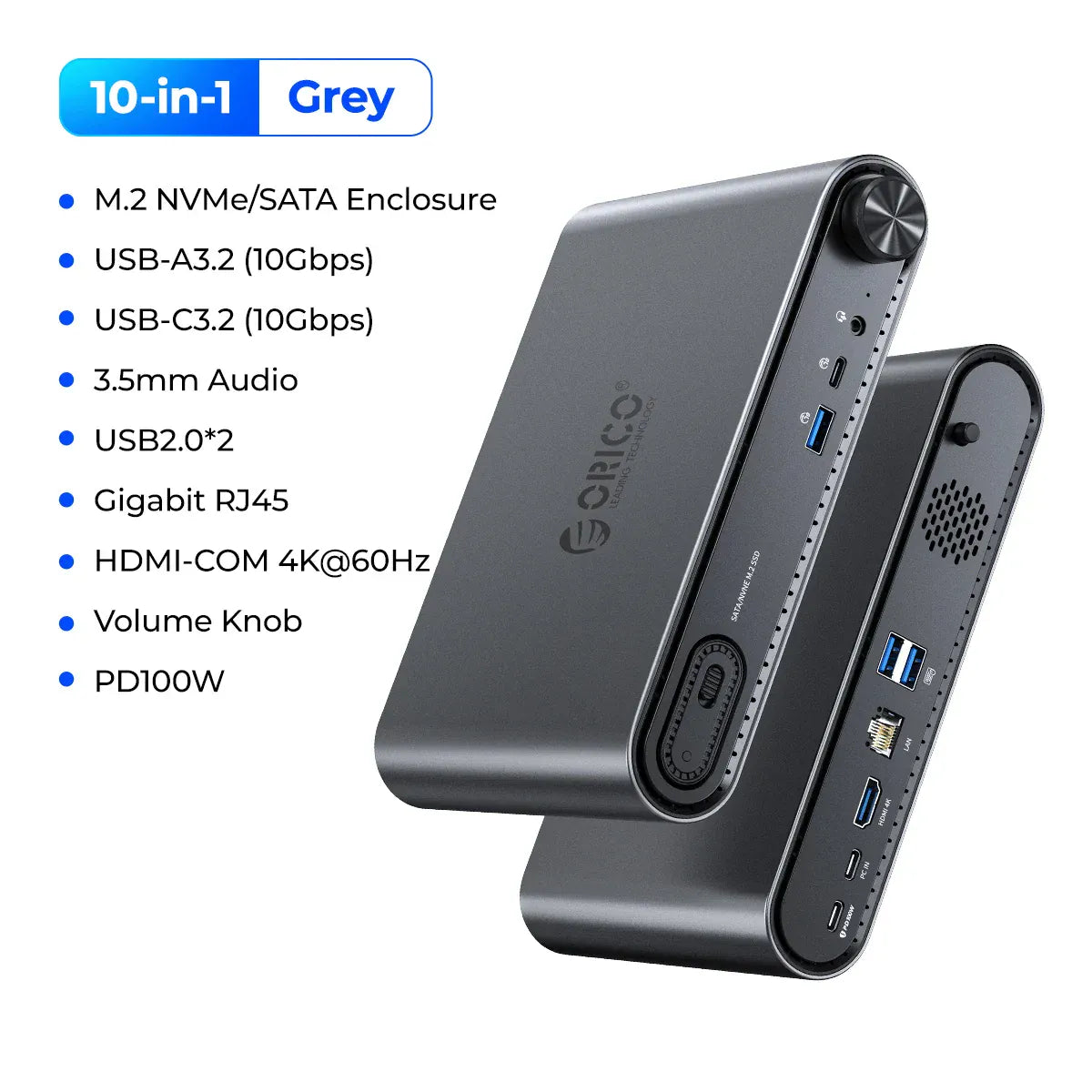 ORICO 10 in1 USB C Docking Dtation with M.2 SSD Enclosure PD100W Charging Ethernet 4K60Hz HDMI-com 3.5mm Audio Volume Control ORICO 10 in1 USB C Docking Dtation with M.2 SSD Enclosure PD100W Charging Ethernet 4K60Hz HDMI-com 3.5mm Audio Volume Control
