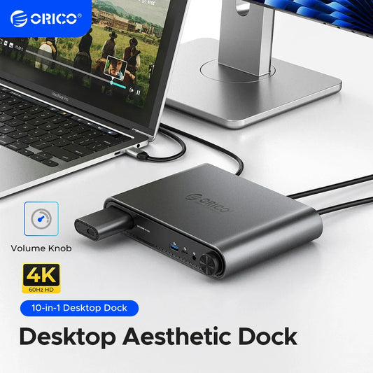 ORICO 10 in1 USB C Docking Dtation with M.2 SSD Enclosure PD100W Charging Ethernet 4K60Hz HDMI-com 3.5mm Audio Volume Control ORICO 10 in1 USB C Docking Dtation with M.2 SSD Enclosure PD100W Charging Ethernet 4K60Hz HDMI-com 3.5mm Audio Volume Control