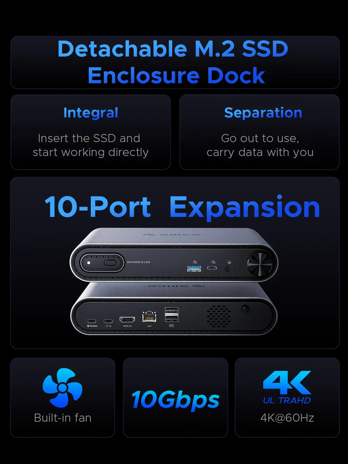 ORICO 10 in1 USB C Docking Dtation with M.2 SSD Enclosure PD100W Charging Ethernet 4K60Hz HDMI-com 3.5mm Audio Volume Control ORICO 10 in1 USB C Docking Dtation with M.2 SSD Enclosure PD100W Charging Ethernet 4K60Hz HDMI-com 3.5mm Audio Volume Control