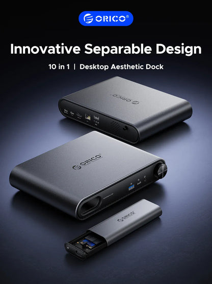 ORICO 10 in1 USB C Docking Dtation with M.2 SSD Enclosure PD100W Charging Ethernet 4K60Hz HDMI-com 3.5mm Audio Volume Control ORICO 10 in1 USB C Docking Dtation with M.2 SSD Enclosure PD100W Charging Ethernet 4K60Hz HDMI-com 3.5mm Audio Volume Control