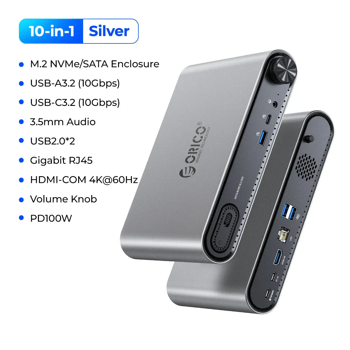 ORICO 10 in1 USB C Docking Dtation with M.2 SSD Enclosure PD100W Charging Ethernet 4K60Hz HDMI-com 3.5mm Audio Volume Control ORICO 10 in1 USB C Docking Dtation with M.2 SSD Enclosure PD100W Charging Ethernet 4K60Hz HDMI-com 3.5mm Audio Volume Control