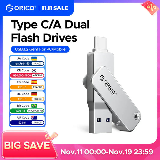 ORICO 128GB USB C Flash Drive Dual USB 3.2 Flash Drive Type C + USB A Portable Type-C Flash Drive 2-in-1 USB-C Thumb Drive ORICO 128GB USB C Flash Drive Dual USB 3.2 Flash Drive Type C + USB A Portable Type-C Flash Drive 2-in-1 USB-C Thumb Drive