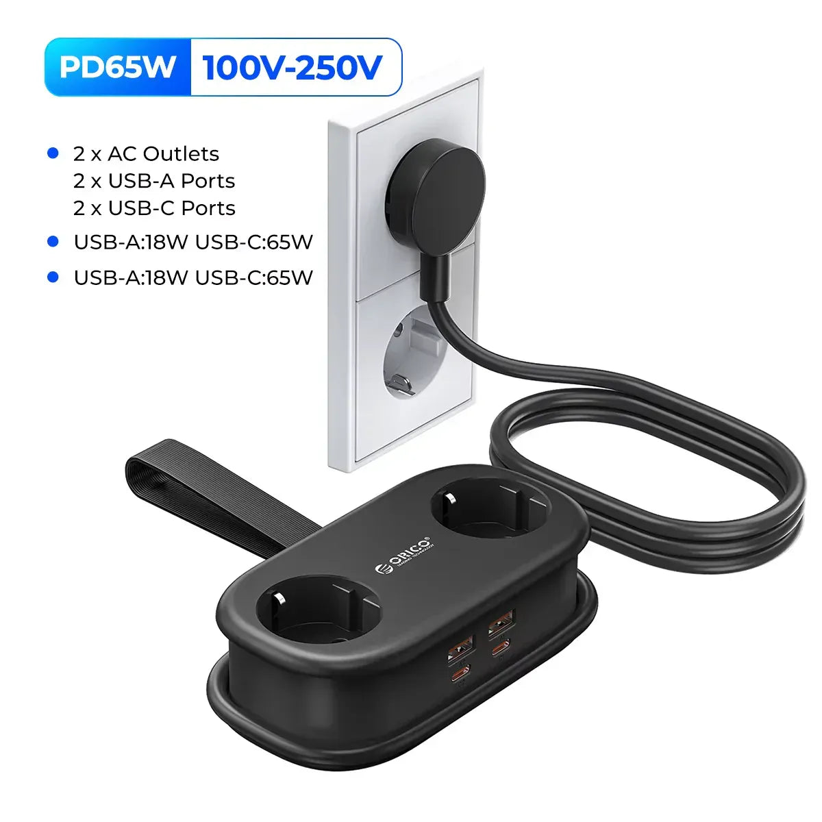 ORICO Cable-Wrap Portable Travel Power Strip 65W GaN Fast Charging Station with 2 AC Outlets 2 USB 2 Type-C EU Plug Adapter Home ORICO Cable-Wrap Portable Travel Power Strip 65W GaN Fast Charging Station with 2 AC Outlets 2 USB 2 Type-C EU Plug Adapter Home