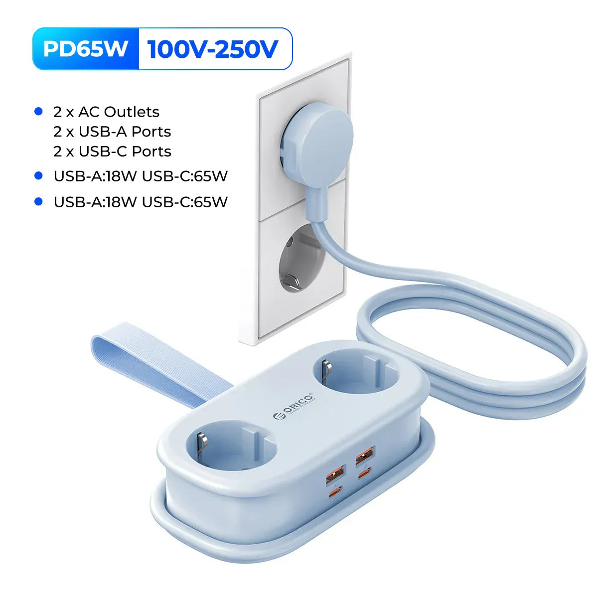 ORICO Cable-Wrap Portable Travel Power Strip 65W GaN Fast Charging Station with 2 AC Outlets 2 USB 2 Type-C EU Plug Adapter Home ORICO Cable-Wrap Portable Travel Power Strip 65W GaN Fast Charging Station with 2 AC Outlets 2 USB 2 Type-C EU Plug Adapter Home