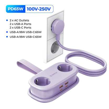 ORICO Cable-Wrap Portable Travel Power Strip 65W GaN Fast Charging Station with 2 AC Outlets 2 USB 2 Type-C EU Plug Adapter Home ORICO Cable-Wrap Portable Travel Power Strip 65W GaN Fast Charging Station with 2 AC Outlets 2 USB 2 Type-C EU Plug Adapter Home