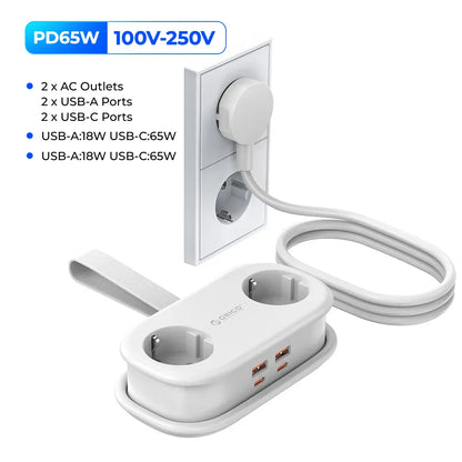 ORICO Cable-Wrap Portable Travel Power Strip 65W GaN Fast Charging Station with 2 AC Outlets 2 USB 2 Type-C EU Plug Adapter Home ORICO Cable-Wrap Portable Travel Power Strip 65W GaN Fast Charging Station with 2 AC Outlets 2 USB 2 Type-C EU Plug Adapter Home