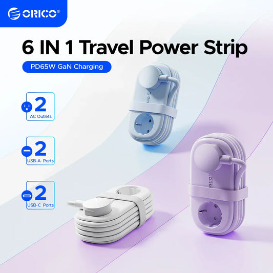 ORICO Cable-Wrap Portable Travel Power Strip 65W GaN Fast Charging Station with 2 AC Outlets 2 USB 2 Type-C EU Plug Adapter Home ORICO Cable-Wrap Portable Travel Power Strip 65W GaN Fast Charging Station with 2 AC Outlets 2 USB 2 Type-C EU Plug Adapter Home