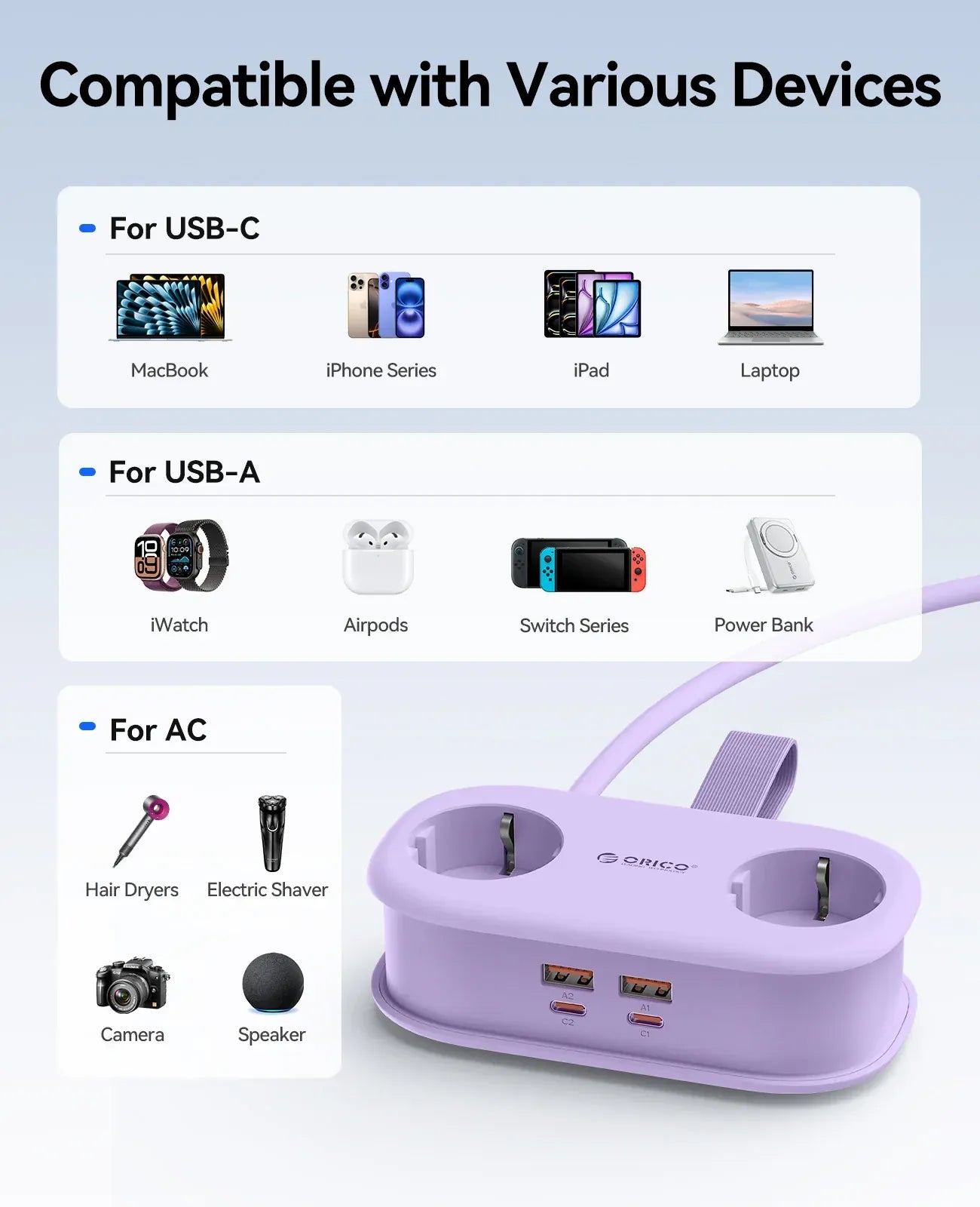 ORICO Cable-Wrap Portable Travel Power Strip 65W GaN Fast Charging Station with 2 AC Outlets 2 USB 2 Type-C EU Plug Adapter Home ORICO Cable-Wrap Portable Travel Power Strip 65W GaN Fast Charging Station with 2 AC Outlets 2 USB 2 Type-C EU Plug Adapter Home