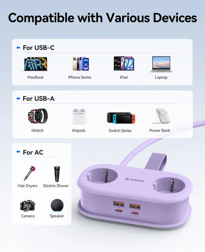 ORICO Cable-Wrap Portable Travel Power Strip 65W GaN Fast Charging Station with 2 AC Outlets 2 USB 2 Type-C EU Plug Adapter Home ORICO Cable-Wrap Portable Travel Power Strip 65W GaN Fast Charging Station with 2 AC Outlets 2 USB 2 Type-C EU Plug Adapter Home
