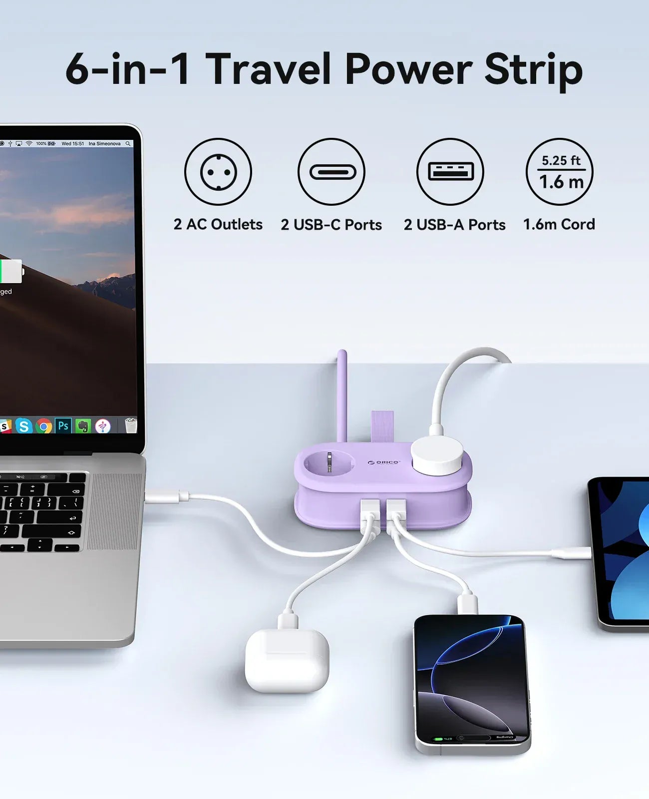 ORICO Cable-Wrap Portable Travel Power Strip 65W GaN Fast Charging Station with 2 AC Outlets 2 USB 2 Type-C EU Plug Adapter Home ORICO Cable-Wrap Portable Travel Power Strip 65W GaN Fast Charging Station with 2 AC Outlets 2 USB 2 Type-C EU Plug Adapter Home