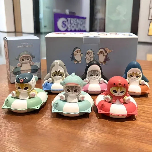 Mofusand Shark Cat Octopus Cat Blind Box Figurines - Swimming Ring Series Original Mofusand In Stock Shark Cat Octopus Cat Pufferfish Cat Swimming Ring Series Blind Box Figurine Model Toys Gifts