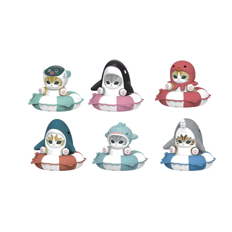 Mofusand Shark Cat Octopus Cat Blind Box Figurines - Swimming Ring Series Original Mofusand In Stock Shark Cat Octopus Cat Pufferfish Cat Swimming Ring Series Blind Box Figurine Model Toys Gifts