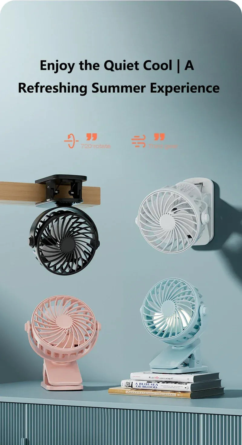 Portable Mini Cooler Fan 720°Rotatable Clip Fan Built In Night Lamp USB Rechargeable Personal Fan For Outdoor Camping Ventilador Portable Mini Cooler Fan 720°Rotatable Clip Fan Built In Night Lamp USB Rechargeable Personal Fan For Outdoor Camping Ventilador