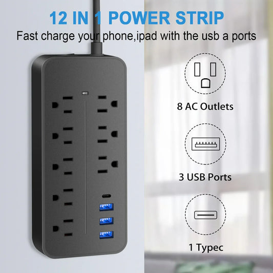 Power Strip US Plug AC Outlets w/ USB C Ports Fast Charging Network Filter Adapter Power Strip US Plug AC Outlets w/ USB C Ports Fast Charging Network Filter Adapter