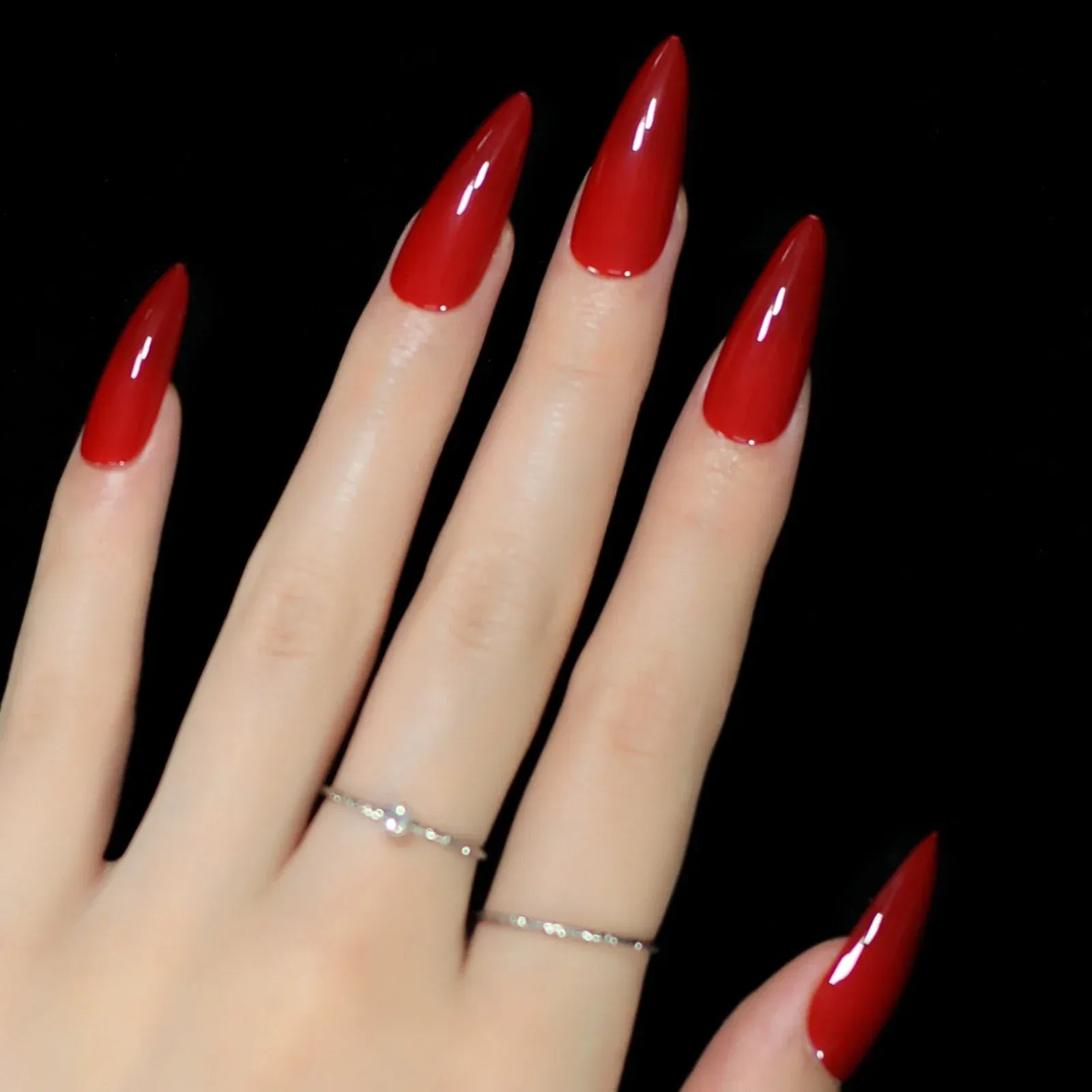 Red Stiletto Press-On Nails - Glossy Bold Fake Nails | Wahooly Press on fake nails stiletto red glossy finishes
